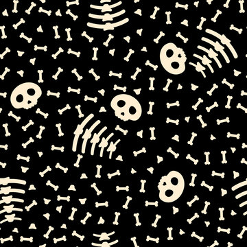 Cartoon funny skulls and bones Halloween seamless pattern on dark background