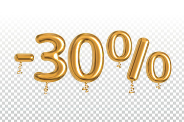 Vector realistic isolated golden balloon text of 30 percent off sale on the transparent background.