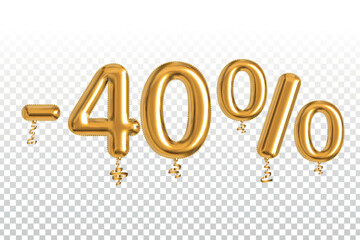 Vector realistic isolated golden balloon text of 40 percent off sale on the transparent background. - obrazy, fototapety, plakaty