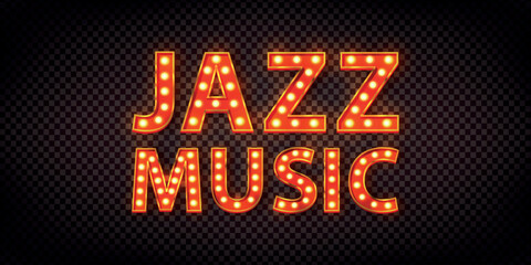Vector realistic isolated retro marquee billboard with electric light lamps of Jazz Music logo on the transparent background.