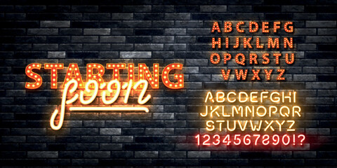 Vector realistic isolated retro marquee neon billboard with electric light lamps of Starting Soon logo with easy to change color alphabet font on the wall background.