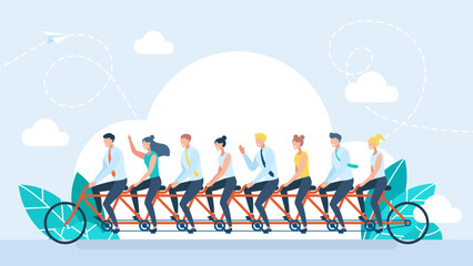 A team of specialists rides a large tandem bicycle. A big company. Teamwork. The team pedals on a tandem bicycle. Collective successful teamwork progress concept. Flat style. Vector illustration