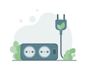 Electric power plug , illustration in flat style. Unplug, plugged in wall socket. Green electricity and power save concept.