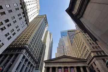 NEW YORK CITY - APRIL 5: New York Stock Exchange closeup on April 5, 2016 in Manhattan, New York City. It is the world's largest stock exchange by market capitalization of its listed companies. - obrazy, fototapety, plakaty