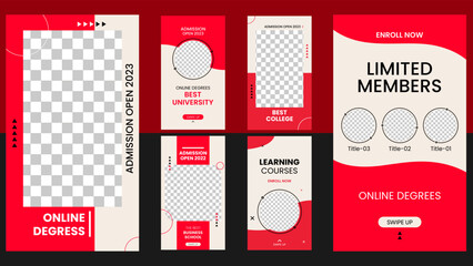 Education and online learning social media editable template design. Modern flat stories with red background.