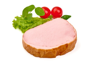 Smoked pork tenderloin, sliced ham, meat fillet, isolated on white background.