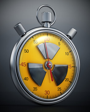 Chronometer with radiation icon. Nuclear war countdown concept. 3D illustration