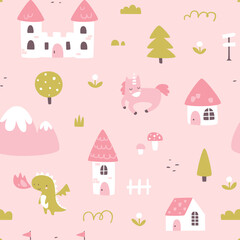 Fototapeta na wymiar Fantasy pink kingdom pattern. Fairytale map seamless vector print for girls textile and fabric.