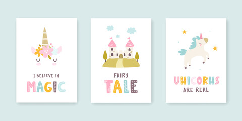 Fototapeta na wymiar Fairytale poster set with castle and unicorn. Fantasy prints collection for baby girl nursery wall art.