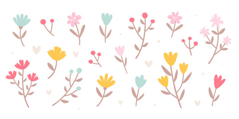 Abstract flower set. Cute organic plants bundle. Collection of simple vector flowers.