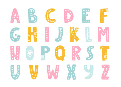 Cute girly alphabet in scandinavian style. Doodle typeface characters collections. Set of baby vector decorative letters.