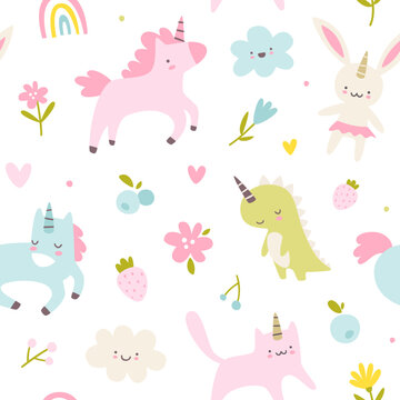 Unicorn animals cute baby pattern. Seamless vector girly print for textile and nursery.