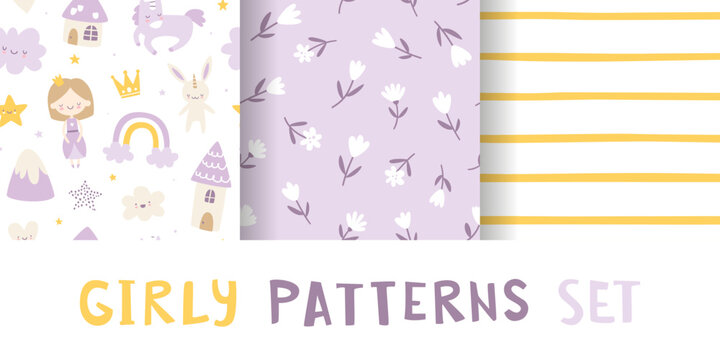 Girly pattern purple collection. Cute seamless vector prints set. Baby patterns for apparel and textile.