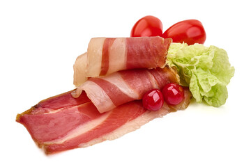 Spanish jamon iberico, serrano ham, isolated on white background. High resolution image.