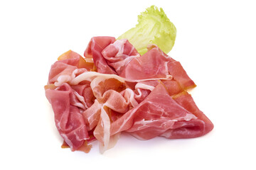 Sliced Jamon serrano pork ham meat, isolated on white background.