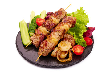 Roasted Shish kebab. Skewers with pieces of grilled barbecue, isolated on white background.
