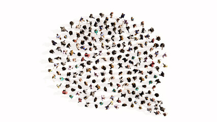 Concept conceptual large community of people forming the emplty cloud sign. 3d illustration metaphor for communication, online talking, chatting, internet discussion