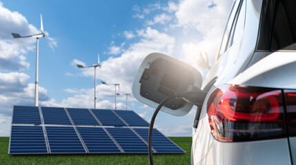 Close up of electric car with a connected charging cable on the background of solar panels and wind...