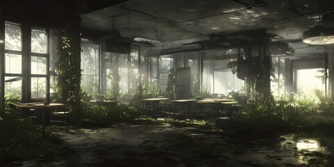 Fototapeta na wymiar Abandoned cafe overgrown with vegetation. Illustration.