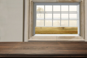 Desk of free space and autumn window. 