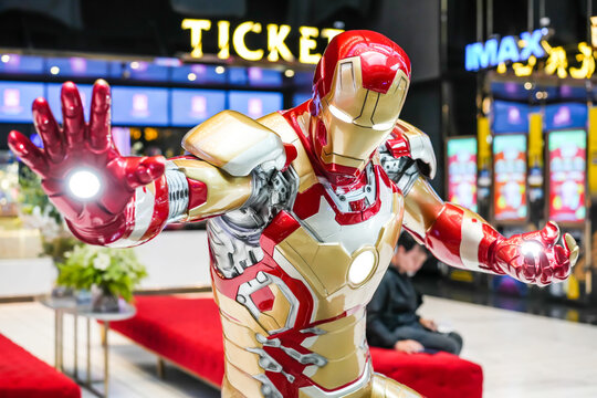 Bangkok, Thailand - Sep 19, 2022: Iron Man model show in Avengers Endgame exhibition booth at emquartier, Iron Man is a fictional superhero in American comic books published by Marvel Comics.