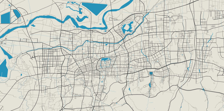 Jinan map. Detailed map of Jinan city administrative area. Cityscape panorama illustration. Road map with highways, streets, rivers.