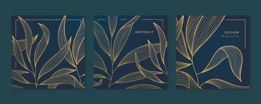 Vector set of gold line leaf cards, square luxury design patterns, borders, frames. Use for package, social net post, invitations, banners, flyers, labels
