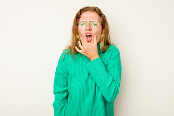 Young caucasian woman isolated on white background having a strong teeth pain, molar ache.