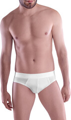 Fototapeta na wymiar White panties mockup, png, on guy, front, panties isolated on background.