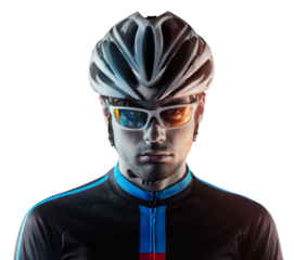 Spost transparent background with copyspace. Cyclist. Dramatic close-up portrait.