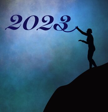Happy new year 2023 concept idea. Woman writing new year 2023 on blue sky. Creative vertical illustration image can be used as display, print, website banner, social media post.