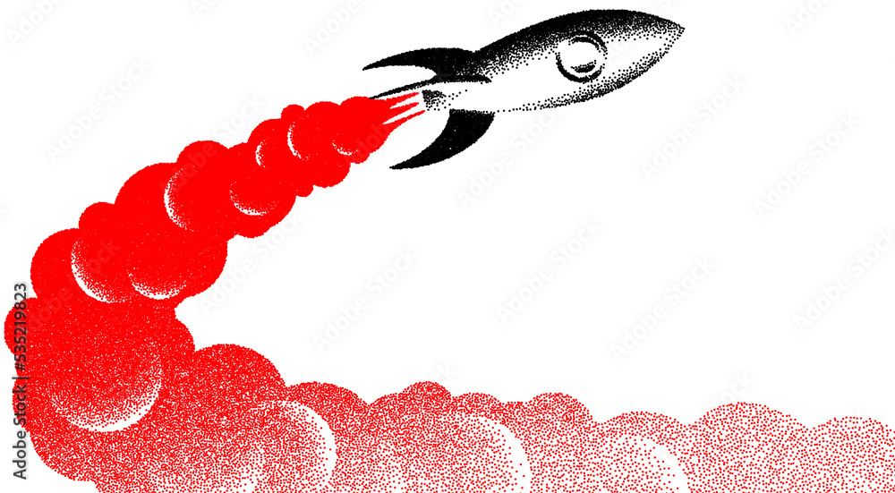 Poster space landscape with scenic view on rocket taking off with fire and smoke made with retro styled dot