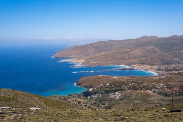 Panoramic view of Andros, beautiful island in the Cyclades, Greece