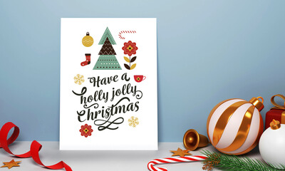 Merry Christmas Greeting Card With 3D Baubles, Golden Jingle Bell, Stars, Candy Cane, Gift Box And Curl Ribbon On Blue Background.