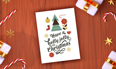 Top View Of Merry Christmas Greeting Card With 3D Gift Boxes, Candy Canes, Golden Stars And Snowflakes On Brown Wooden Background.
