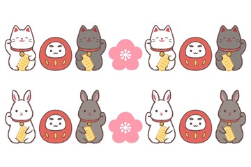 Obraz premium 招き猫と招きウサギとダルマと梅の花ラインセット