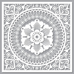 Morocan carved wood panel style vector framed mandala design, oriental home decoration with floral motif
