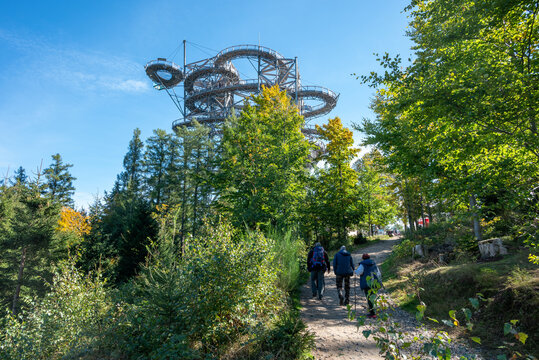 Autumn in Swieradow Zdroj, Poland Lookout Tower in spa resort in the Izerskie Mountains in Poland 