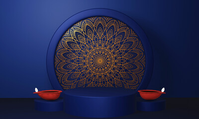 3D Render Of Illuminated Oil Lamp (Diya) With Empty Podium And Golden Mandala Frame On Blue Background.