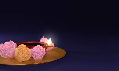 3D Render Of Illuminated Oil Lamp (Diya) With Rose Flowers Over Plate And Copy Space On Blue Background.