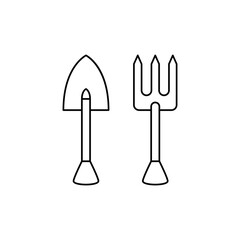 Farming fork and shovel, gardening tools icon in line style icon, isolated on white background