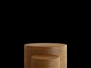 Cosmetic wood podium isolated in black background. Template for product presentation. 3d rendering