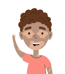 Boy with vitiligo smiling. Happy kid with hand up