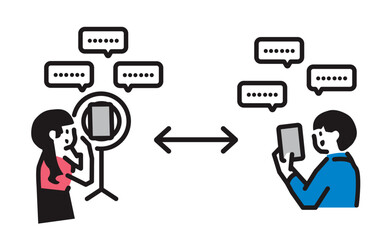 リングライトで配信もしくは撮影をする女性と、それを見る男性のシンプルなイラスト