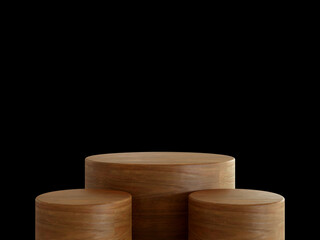 Cosmetic wood podium isolated in black background. Template for product presentation. 3d rendering