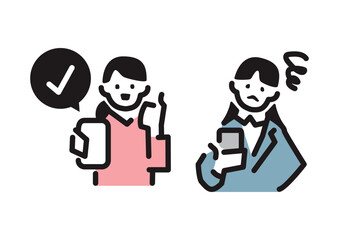 スマートフォンを持ってサムズアップする女性と、不満げな女性2人のシンプルイラスト