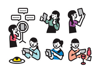 スマートフォンで推し活をする女性のシンプルなイラストセット