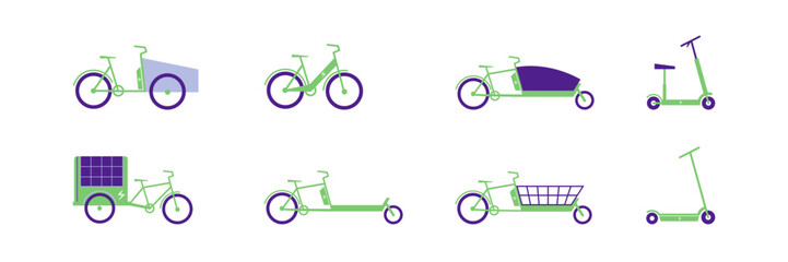 Electric vehicles set. Electric bike, cargo bike, scooter. Flat vector illustration