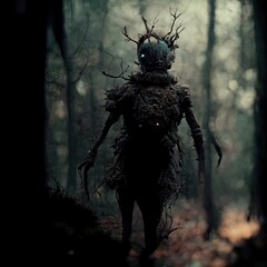 Alien Creature of the woods scene 3D illustration with dramatic lighting in a front position reflecting the cultural heritage of another world