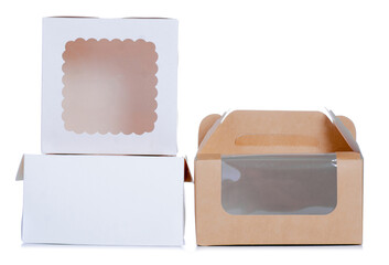 Empty confectionery boxes for cupcake cakes on white background isolation